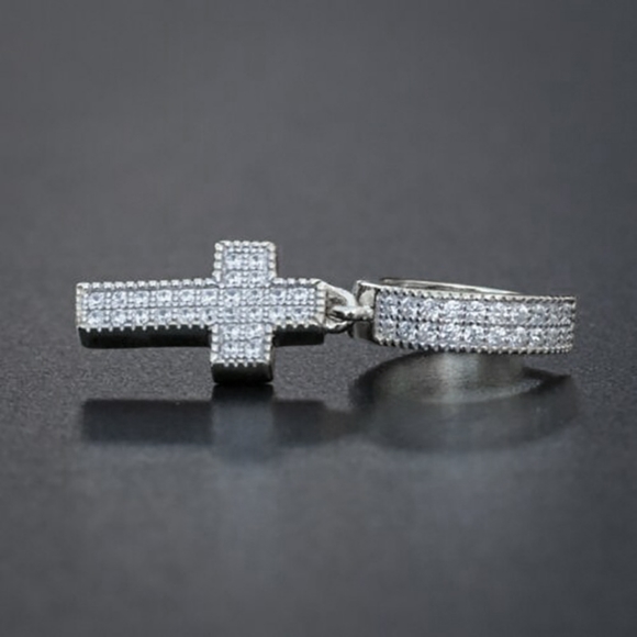 SILVER CROSS DANGLE UNISEX STUD BLING ZIRCON EARRINGS - Picture 2 of 7